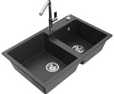 Granitinė virtuvinė plautuvė Mexen Tomas su maišytuvu ir sifonu, Juodas granite+Chrome