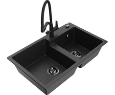 Granitinė virtuvinė plautuvė Mexen Tomas su maišytuvu ir sifonu, Metallic juodas/sidabrinis+Juodas