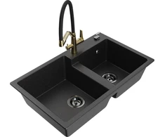 Granitinė virtuvinė plautuvė Mexen Tomas su maišytuvu ir sifonu, Metallic juodas/sidabrinis+Juodas/Gold