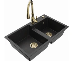 Granitinė virtuvinė plautuvė Mexen Tomas su maišytuvu ir sifonu, Metallic juodas/sidabrinis+Gold