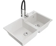 Granitinė virtuvinė plautuvė Mexen Tomas su maišytuvu ir sifonu, Baltas+Juodas/Chrome