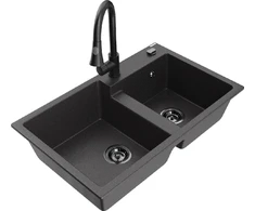 Granitinė virtuvinė plautuvė Mexen Tomas su maišytuvu ir sifonu, Juodas granite+Juodas