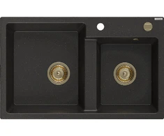 Granitinė virtuvinė plautuvė Mexen Tomas su sifonu, Metallic Juodas/Gold+Gold, 800 x 500 mm