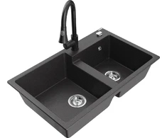 Granitinė virtuvinė plautuvė Mexen Tomas su maišytuvu ir sifonu, Juodas granite+Juodas