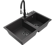 Granitinė virtuvinė plautuvė Mexen Tomas su maišytuvu ir sifonu, Juodas granite+Juodas