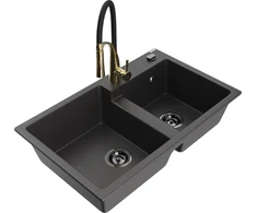 Granitinė virtuvinė plautuvė Mexen Tomas su maišytuvu ir sifonu, Juodas granite+Juodas/Gold