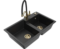 Granitinė virtuvinė plautuvė Mexen Tomas su maišytuvu ir sifonu, Metallic juodas/sidabrinis+Juodas/Gold