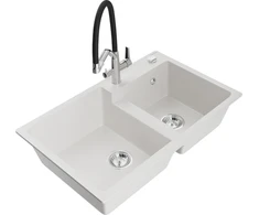 Granitinė virtuvinė plautuvė Mexen Tomas su maišytuvu ir sifonu, Baltas+Juodas/Chrome