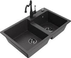 Granitinė virtuvinė plautuvė Mexen Tomas su maišytuvu ir sifonu, Juodas granite+Juodas