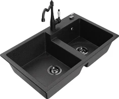 Granitinė virtuvinė plautuvė Mexen Tomas su maišytuvu ir sifonu, Metallic juodas/sidabrinis+Juodas