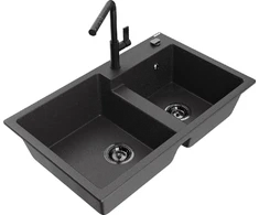 Granitinė virtuvinė plautuvė Mexen Tomas su maišytuvu ir sifonu, Juodas granite+Juodas
