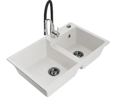 Granitinė virtuvinė plautuvė Mexen Tomas su maišytuvu ir sifonu, Baltas+Juodas/Chrome