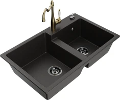 Granitinė virtuvinė plautuvė Mexen Tomas su maišytuvu ir sifonu, Metallic juodas/auksinis+Gold