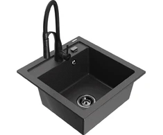 Granitinė virtuvinė plautuvė Mexen Vito su maišytuvu ir sifonu, Juodas granite+Juodas