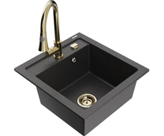 Granitinė virtuvinė plautuvė Mexen Vito su maišytuvu ir sifonu, Juodas granite+Gold