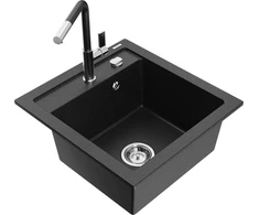 Granitinė virtuvinė plautuvė Mexen Vito su maišytuvu ir sifonu, Metallic juodas/sidabrinis+Juodas/Chrome