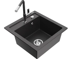 Granitinė virtuvinė plautuvė Mexen Vito su maišytuvu ir sifonu, Juodas granite+Juodas granite/Chrome