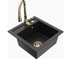 Granitinė virtuvinė plautuvė Mexen Vito su maišytuvu ir sifonu, Metallic juodas/sidabrinis+Gold
