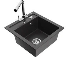 Granitinė virtuvinė plautuvė Mexen Vito su maišytuvu ir sifonu, Juodas granite+Chrome