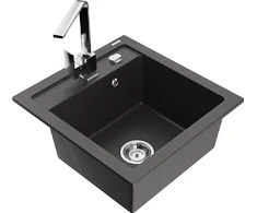 Granitinė virtuvinė plautuvė Mexen Vito su maišytuvu ir sifonu, Juodas granite+Chrome