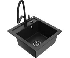 Granitinė virtuvinė plautuvė Mexen Vito su maišytuvu ir sifonu, Metallic juodas/sidabrinis+Juodas