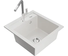 Granitinė virtuvinė plautuvė Mexen Vito su maišytuvu ir sifonu, Baltas+Pilkas/Chrome