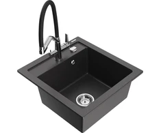 Granitinė virtuvinė plautuvė Mexen Vito su maišytuvu ir sifonu, Juodas granite+Juodas/Chrome