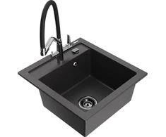 Granitinė virtuvinė plautuvė Mexen Vito su maišytuvu ir sifonu, Juodas granite+Juodas/Chrome