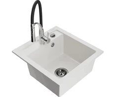 Granitinė virtuvinė plautuvė Mexen Vito su maišytuvu ir sifonu, Baltas+Juodas/Chrome