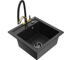 Granitinė virtuvinė plautuvė Mexen Vito su maišytuvu ir sifonu, Metallic juodas/sidabrinis+Juodas/Gold