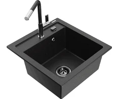 Granitinė virtuvinė plautuvė Mexen Vito su maišytuvu ir sifonu, Metallic juodas/sidabrinis+Juodas/Chrome