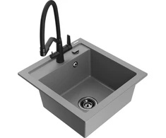 Granitinė virtuvinė plautuvė Mexen Vito su maišytuvu ir sifonu, Pilkas+Juodas