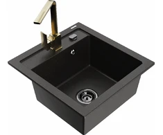 Granitinė virtuvinė plautuvė Mexen Vito su maišytuvu ir sifonu, Metallic juodas/auksinis+Gold