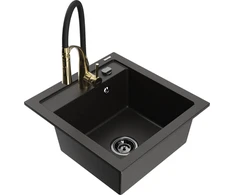 Granitinė virtuvinė plautuvė Mexen Vito su maišytuvu ir sifonu, Metallic juodas/auksinis+Juodas/Gold