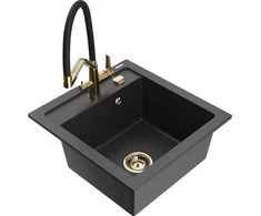Granitinė virtuvinė plautuvė Mexen Vito su maišytuvu ir sifonu, Juodas granite+Juodas/Gold