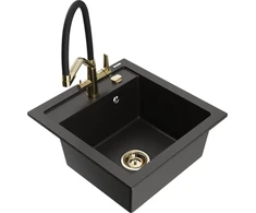 Granitinė virtuvinė plautuvė Mexen Vito su maišytuvu ir sifonu, Metallic juodas/auksinis+Juodas/Gold