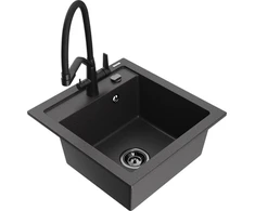 Granitinė virtuvinė plautuvė Mexen Vito su maišytuvu ir sifonu, Juodas granite+Juodas
