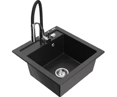 Granitinė virtuvinė plautuvė Mexen Vito su maišytuvu ir sifonu, Metallic juodas/sidabrinis+Juodas/Chrome