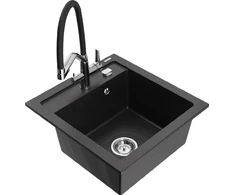 Granitinė virtuvinė plautuvė Mexen Vito su maišytuvu ir sifonu, Metallic juodas/sidabrinis+Juodas/Chrome