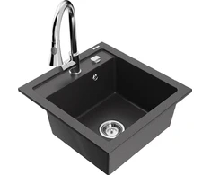 Granitinė virtuvinė plautuvė Mexen Vito su maišytuvu ir sifonu, Juodas granite+Chrome