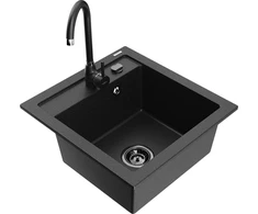 Granitinė virtuvinė plautuvė Mexen Vito su maišytuvu ir sifonu, Metallic juodas/sidabrinis+Juodas
