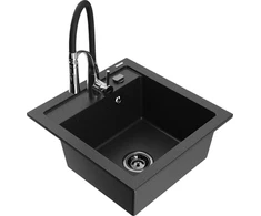 Granitinė virtuvinė plautuvė Mexen Vito su maišytuvu ir sifonu, Metallic juodas/sidabrinis+Juodas/Chrome