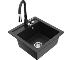 Granitinė virtuvinė plautuvė Mexen Vito su maišytuvu ir sifonu, Metallic juodas/sidabrinis+Juodas