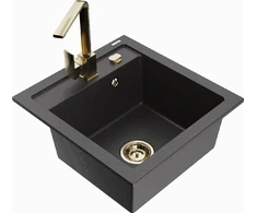 Granitinė virtuvinė plautuvė Mexen Vito su maišytuvu ir sifonu, Juodas granite+Gold