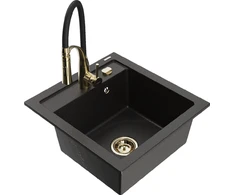 Granitinė virtuvinė plautuvė Mexen Vito su maišytuvu ir sifonu, Metallic juodas/auksinis+Juodas/Gold