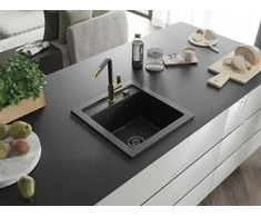 Granitinė virtuvinė plautuvė Mexen Vito su maišytuvu ir sifonu, Metallic juodas/sidabrinis+Juodas/Gold