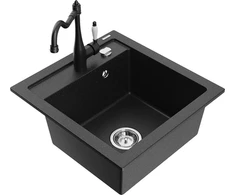 Granitinė virtuvinė plautuvė Mexen Vito su maišytuvu ir sifonu, Metallic juodas/sidabrinis+Juodas