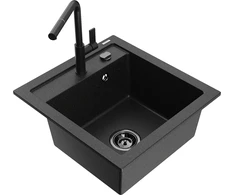Granitinė virtuvinė plautuvė Mexen Vito su maišytuvu ir sifonu, Metallic juodas/sidabrinis+Juodas