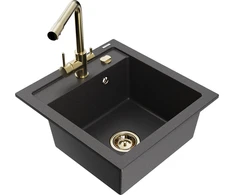 Granitinė virtuvinė plautuvė Mexen Vito su maišytuvu ir sifonu, Juodas granite+Gold