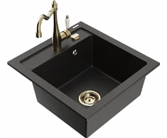 Granitinė virtuvinė plautuvė Mexen Vito su maišytuvu ir sifonu, Metallic juodas/auksinis+Gold